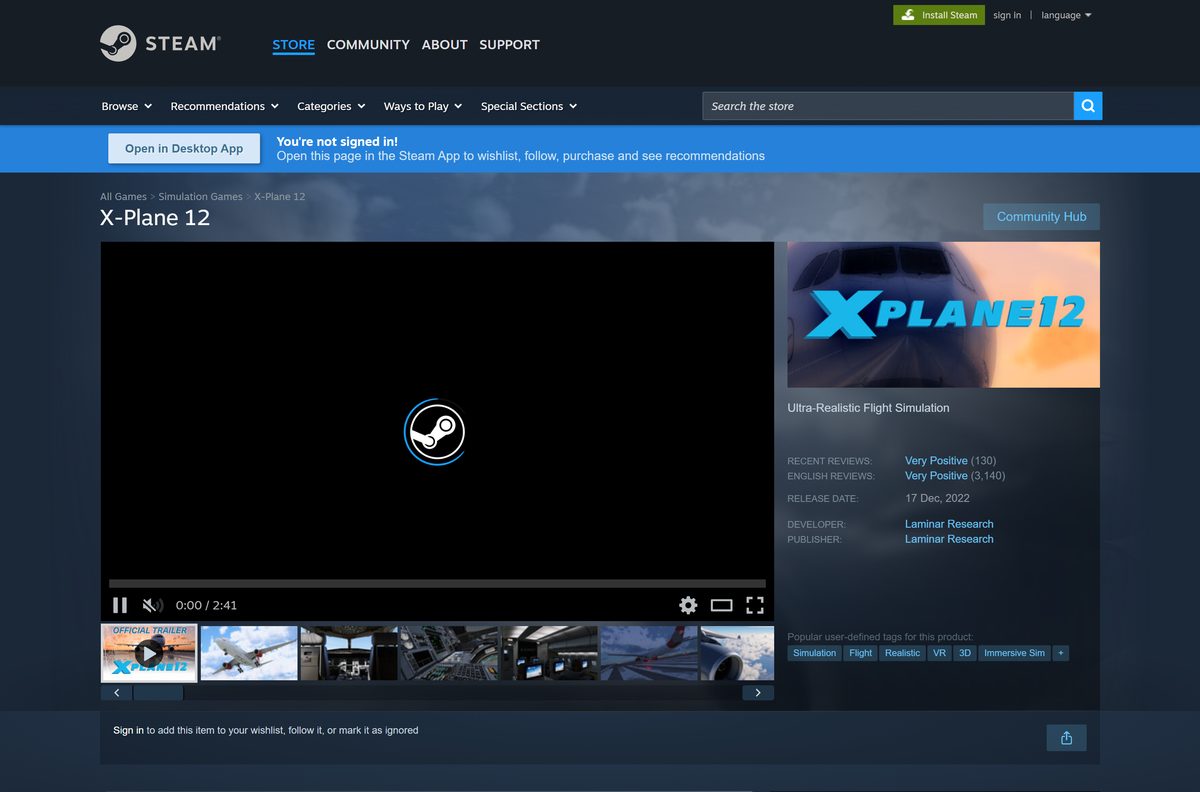 Steam store listing for X-Plane 12 with its release date and requirements