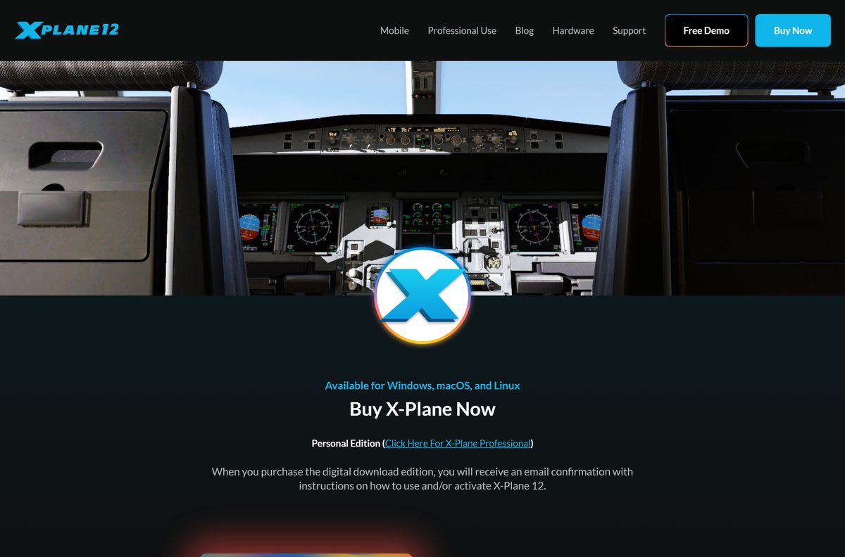 X-Plane 12 Buy It page listing digital, Steam and DVD editions