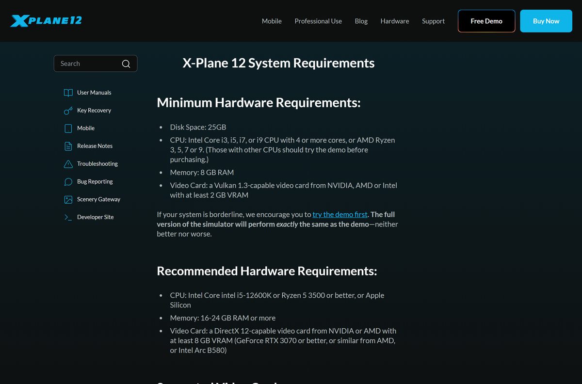 X-Plane 12 minimum and recommended system requirements page