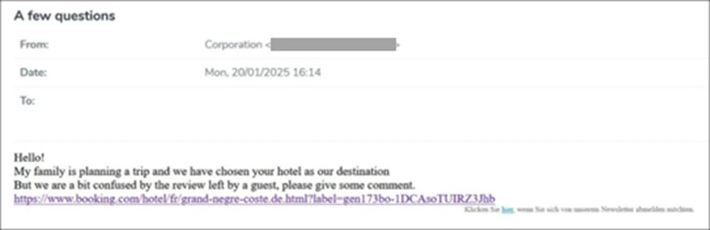 XWorm phishing email posing as a hotel guest with a Booking.com link