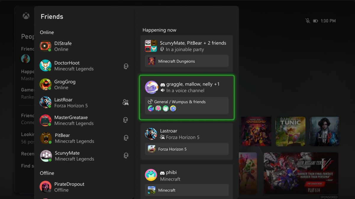 Xbox Friends list with a Discord voice channel under Happening now