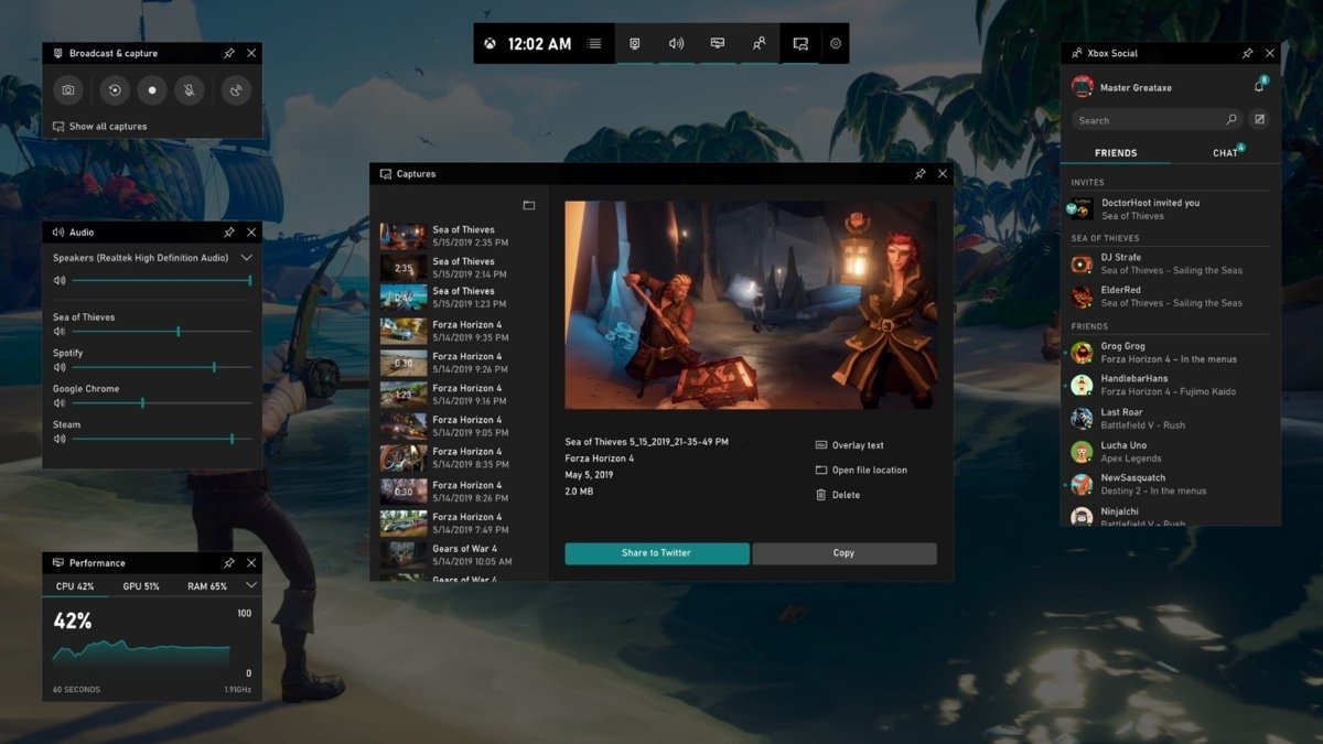 Xbox Game Bar overlay with a Performance widget showing a percentage over a game