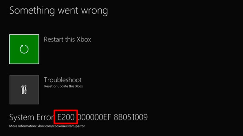 Xbox Something went wrong screen showing System Error E200