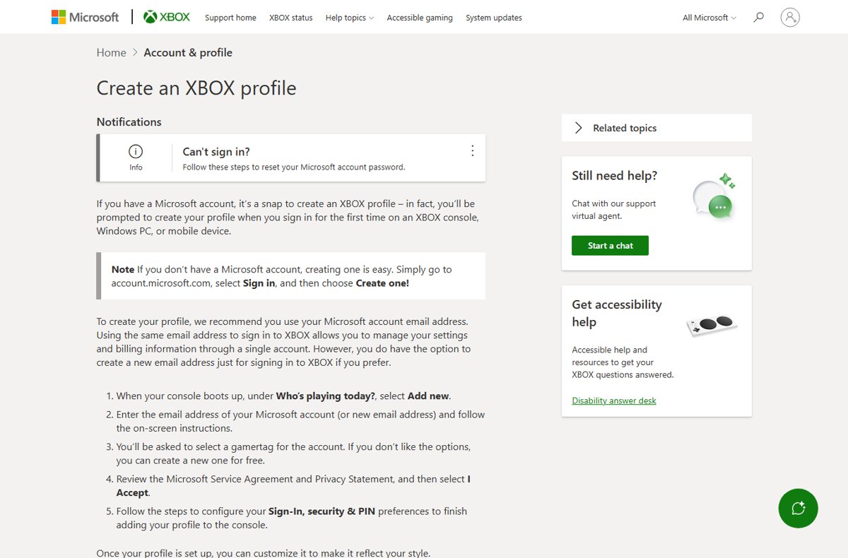 Xbox Support page explaining how to create an Xbox profile