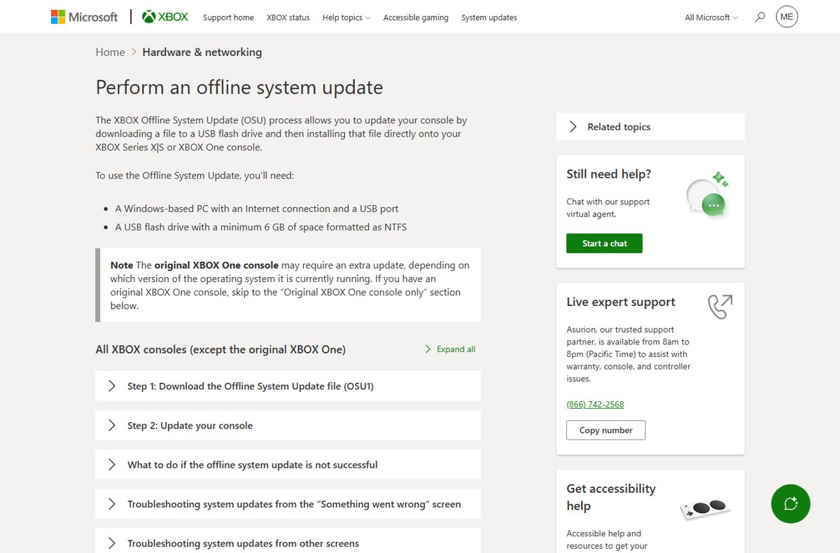 Xbox Support page for performing an offline system update