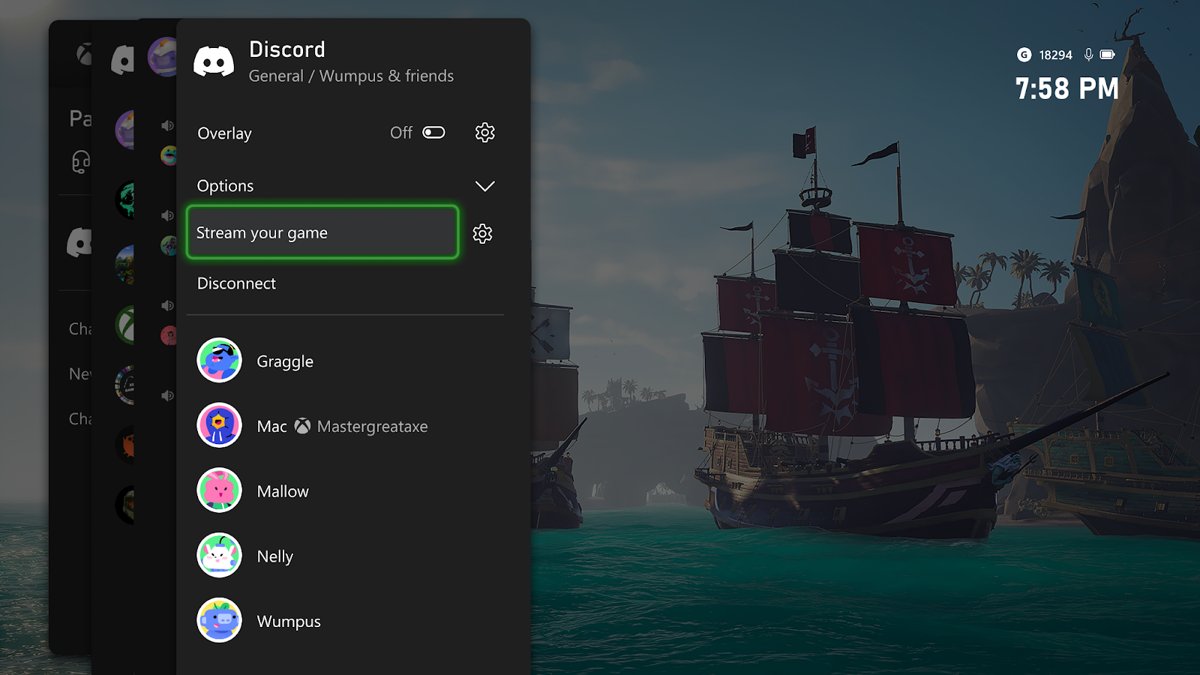 Xbox guide Discord panel with Stream your game option highlighted