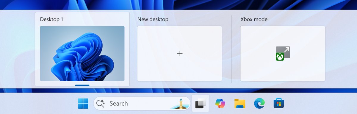 Xbox mode entry in Windows 11 Task View beside the desktops