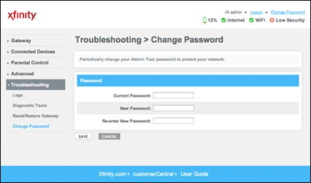 Xfinity Admin Tool Change Password page with left-hand Gateway and Advanced menus