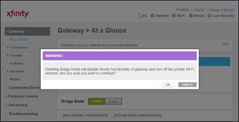 Xfinity Admin Tool warning before enabling Bridge Mode on the At a Glance page