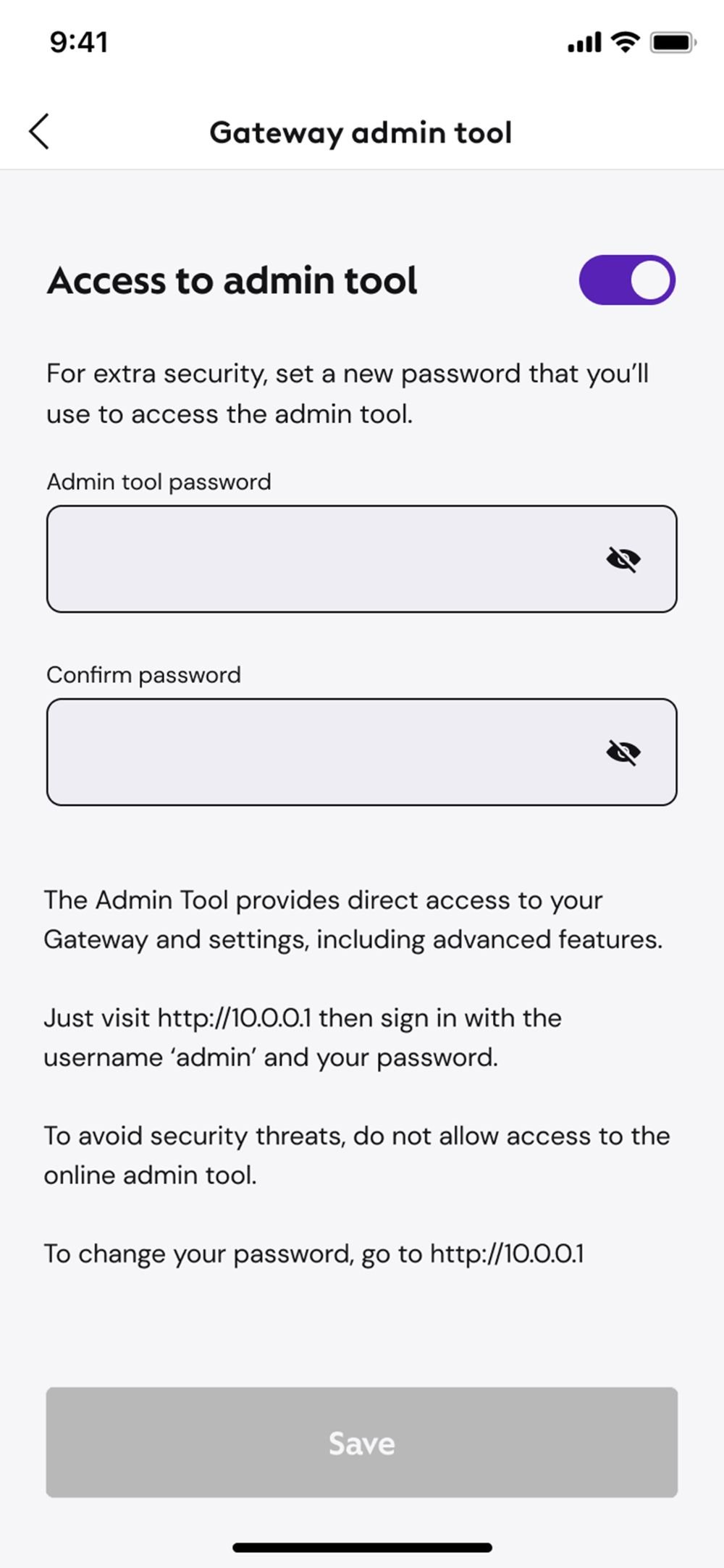 Xfinity app Gateway admin tool screen with access toggle switched on