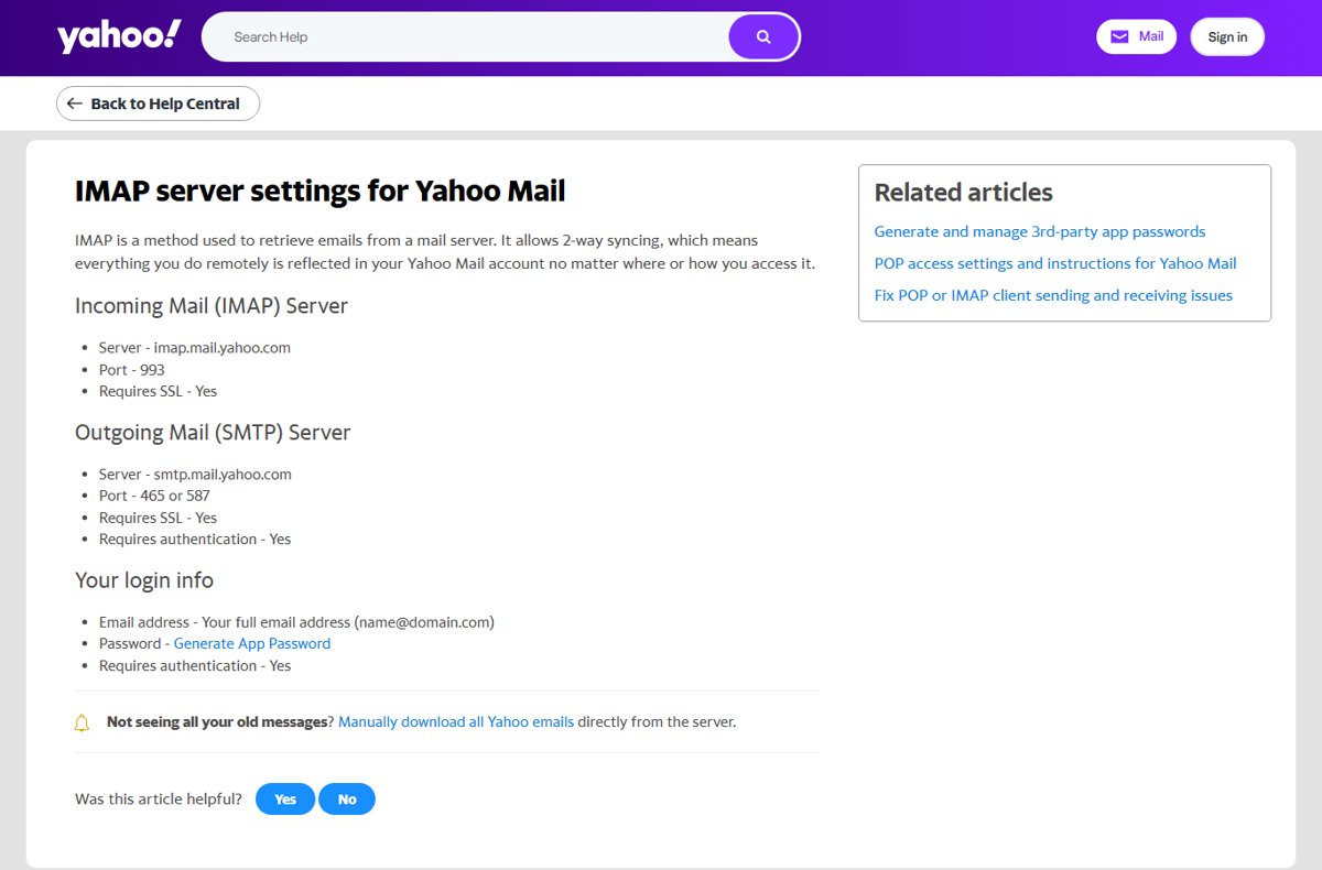 Yahoo Help page listing IMAP and SMTP server settings and ports