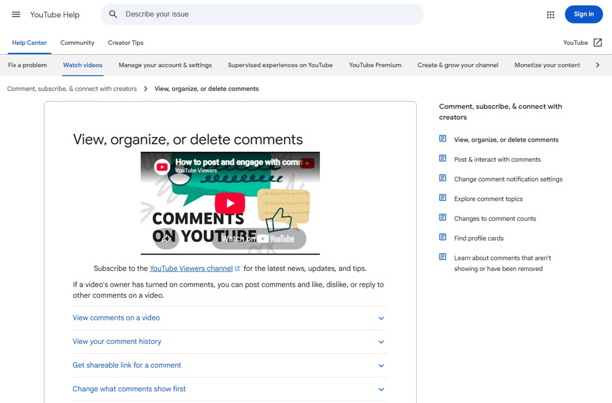 YouTube Help page View, organize, or delete comments with expandable topics