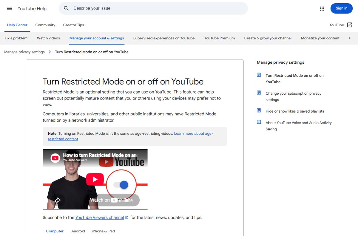 YouTube Help page for turning Restricted Mode on or off, with device tabs