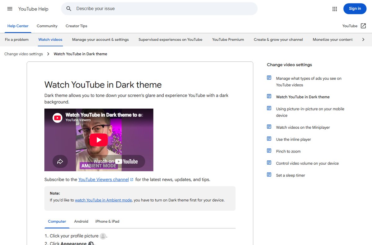 YouTube Help page for watching YouTube in Dark theme on a computer