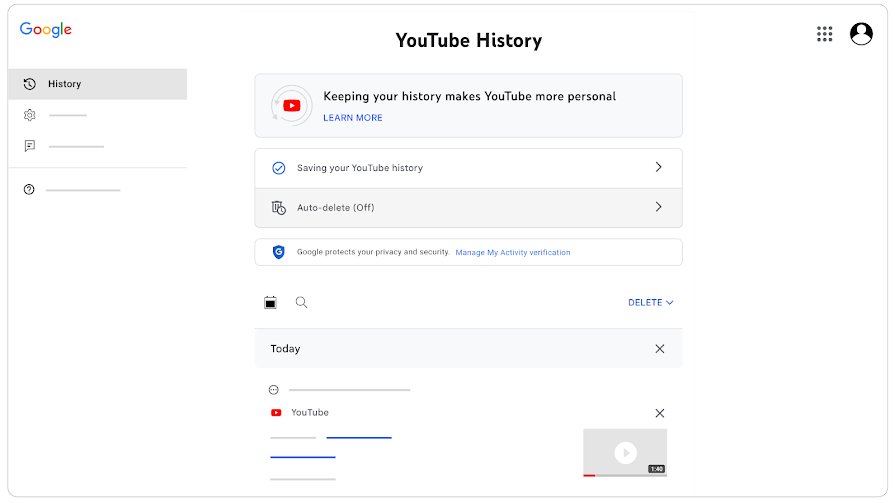 YouTube History page in My Activity with Auto-delete and Delete options