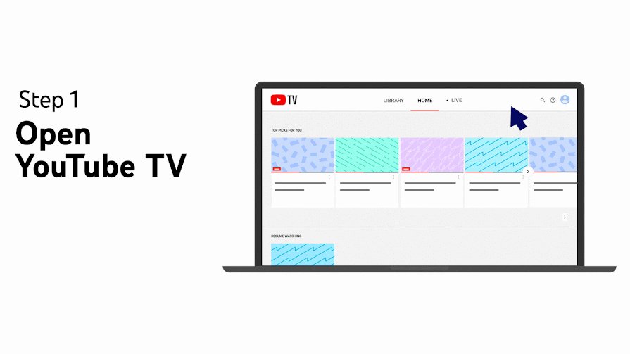 YouTube TV home page in a laptop browser with the profile icon