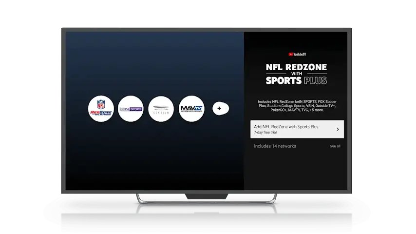YouTube TV offer for NFL RedZone with Sports Plus on a TV screen