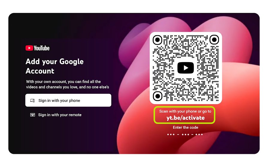 YouTube app sign-in screen on a TV with QR code and yt.be/activate