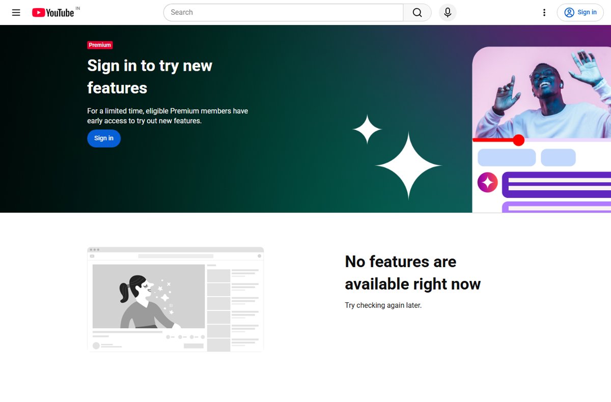 YouTube feature test page showing No features are available right now
