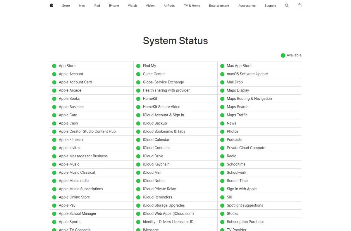 Your device couldn't connect to the server: Apple System Status page