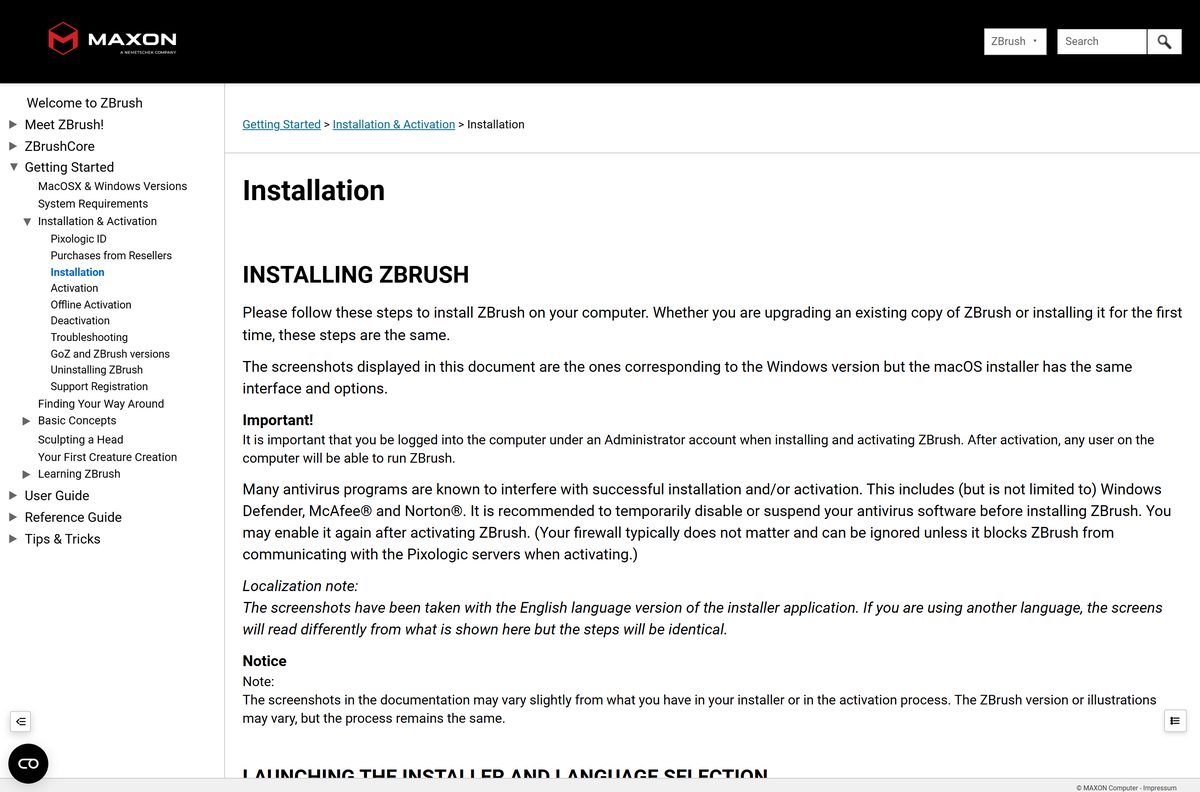 Maxon documentation walking through each installer screen on Windows