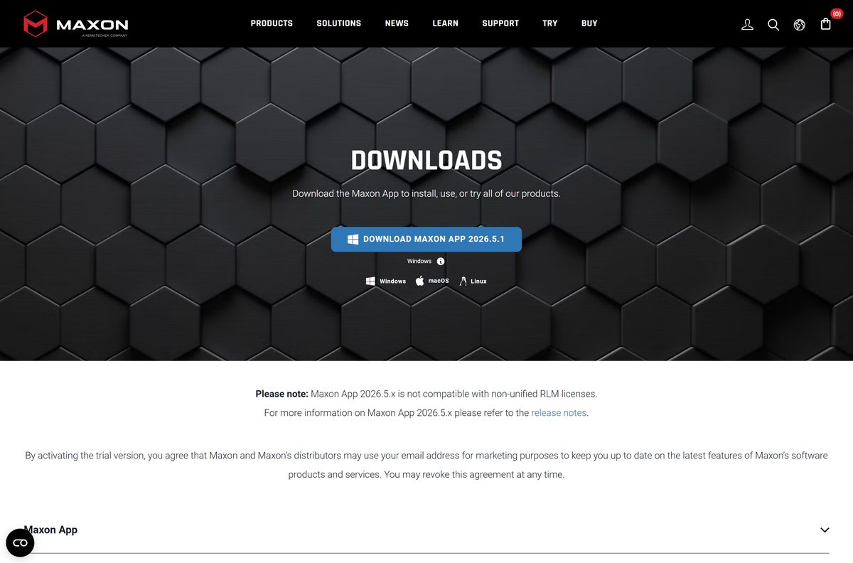 Maxon downloads page listing installers for Windows, Arm and macOS