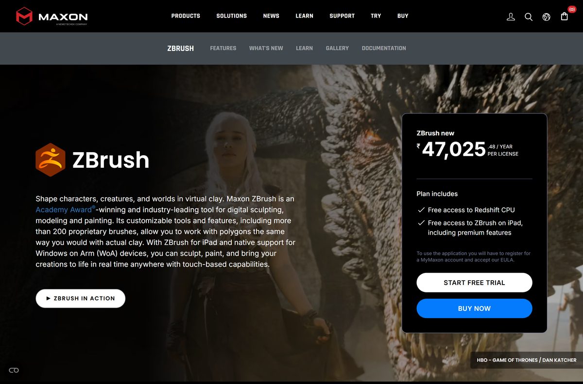Maxon product page showing the plan contents and trial button