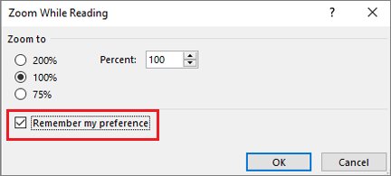 Zoom While Reading dialog with the Remember my preference checkbox highlighted