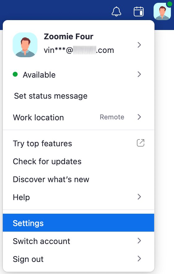 Zoom profile picture menu with Settings highlighted