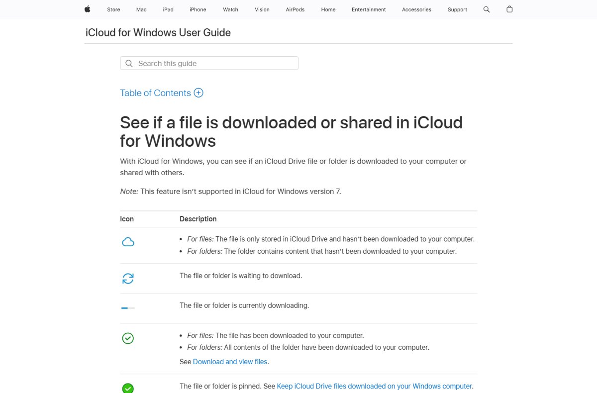 iCloud Drive sync status icons in File Explorer, including waiting to download