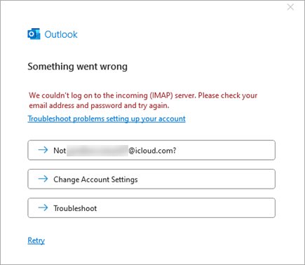 iCloud Outlook Something went wrong error when adding an iCloud account