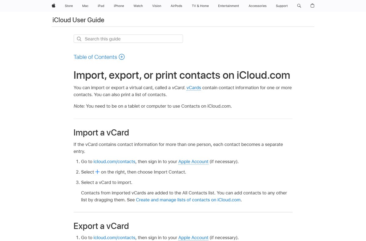 iCloud User Guide page on importing, exporting and printing contacts on iCloud.com