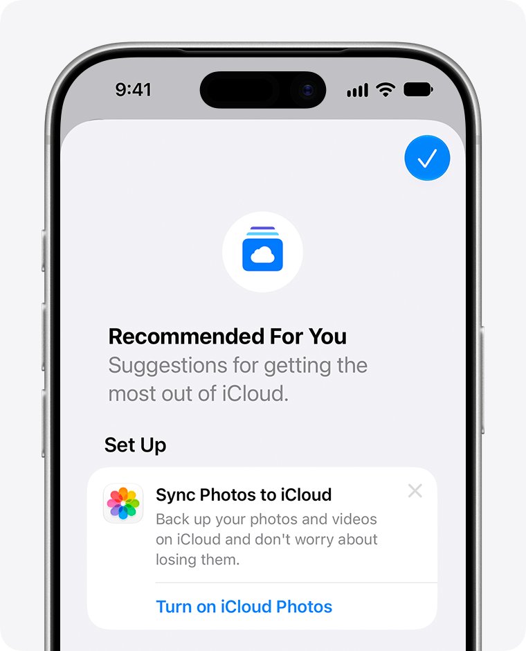 iCloud storage Recommended for You screen suggesting Sync Photos to iCloud