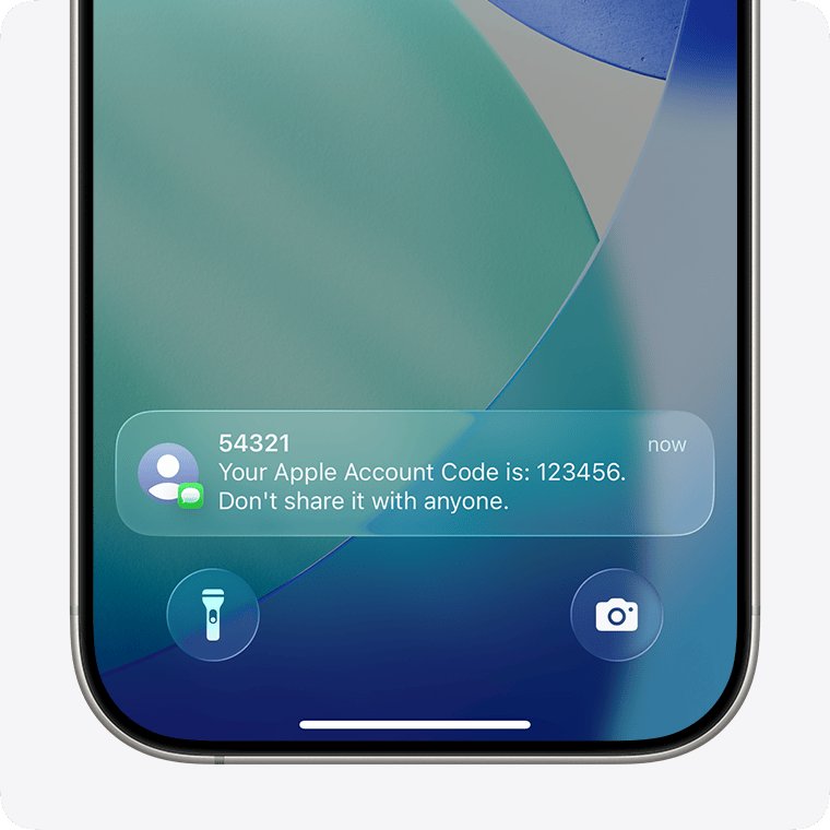 iCloud verification code text message on an iPhone lock screen