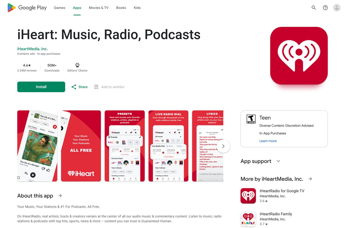 Google Play listing for iHeart showing Editors' Choice