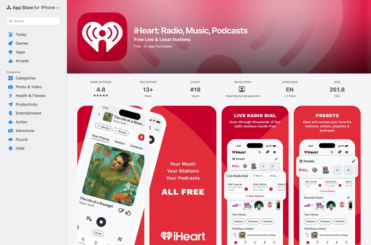 App Store listing for iHeart with ratings and size