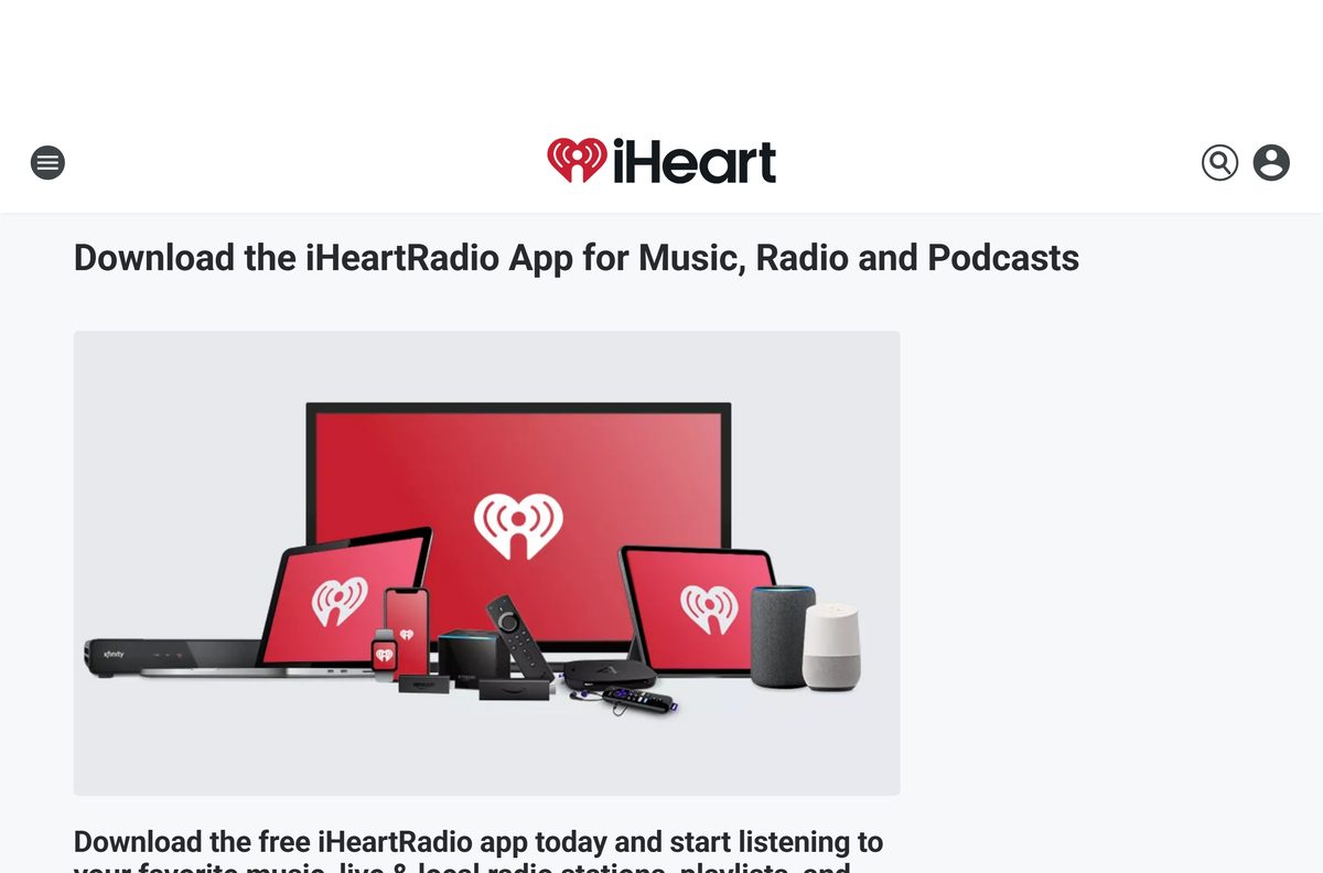iHeartRadio apps page listing every store and device