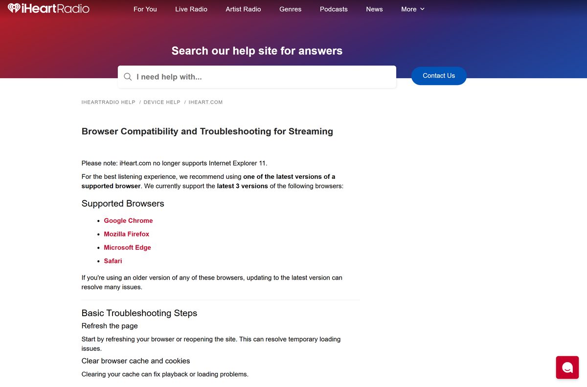 iHeartRadio browser support and streaming troubleshooting steps