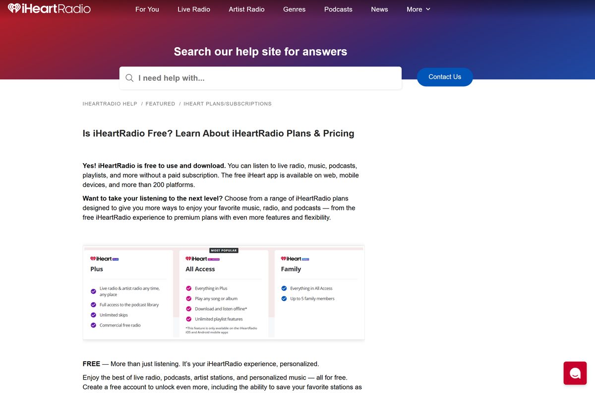 iHeartRadio help article comparing Free, Plus and All Access