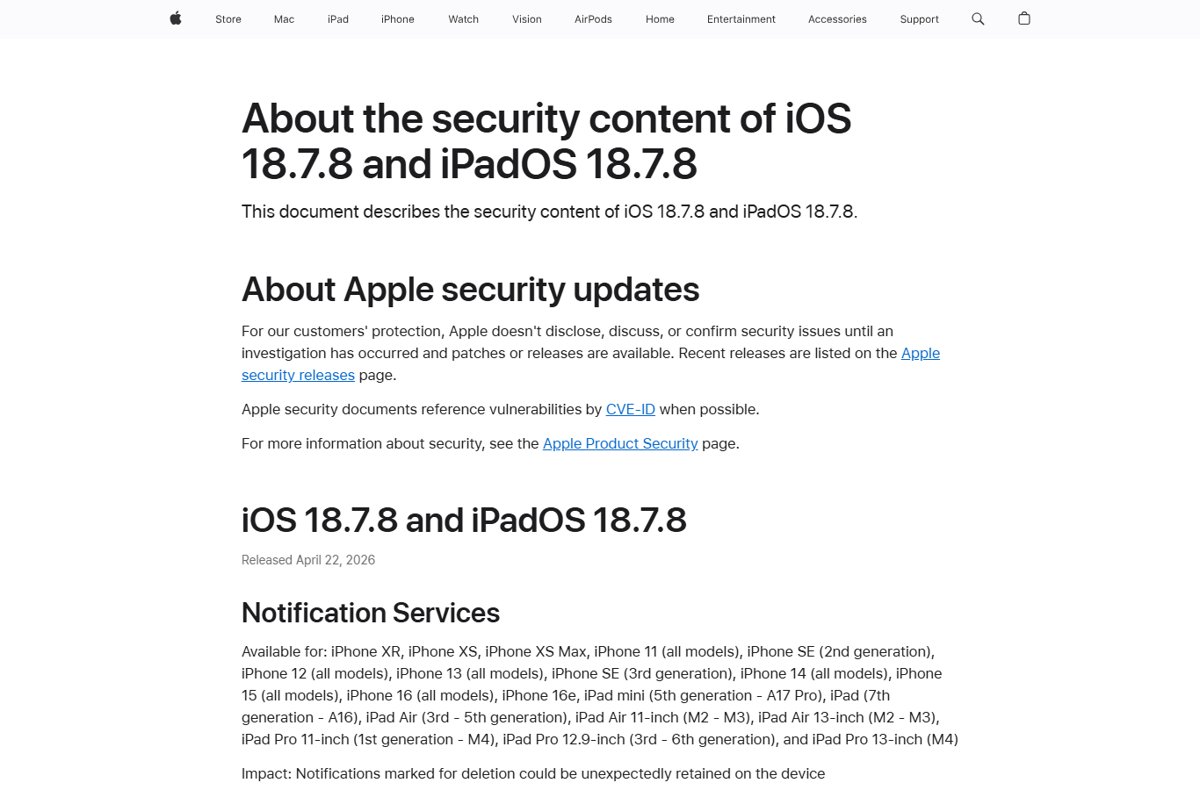 iOS 18.7.8 update for iPhone 11 Pro on Apple's security content page