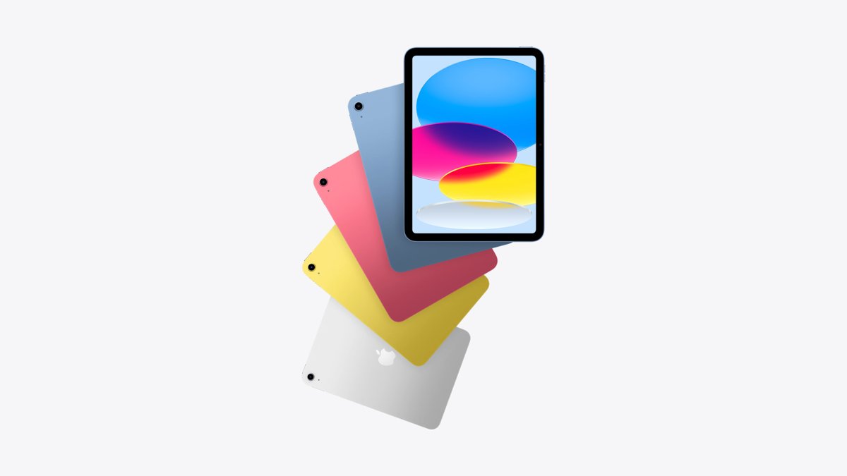 iPad (A16) fanned out in blue, pink, yellow and silver finishes