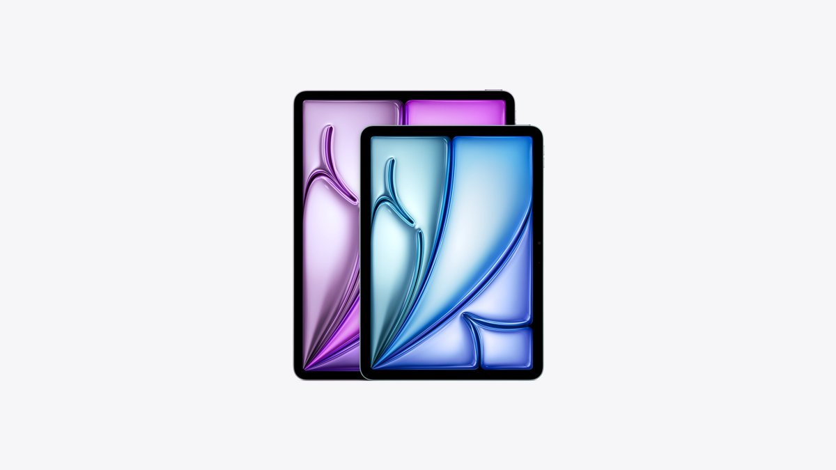 iPad Air 13-inch in purple behind the 11-inch model in blue