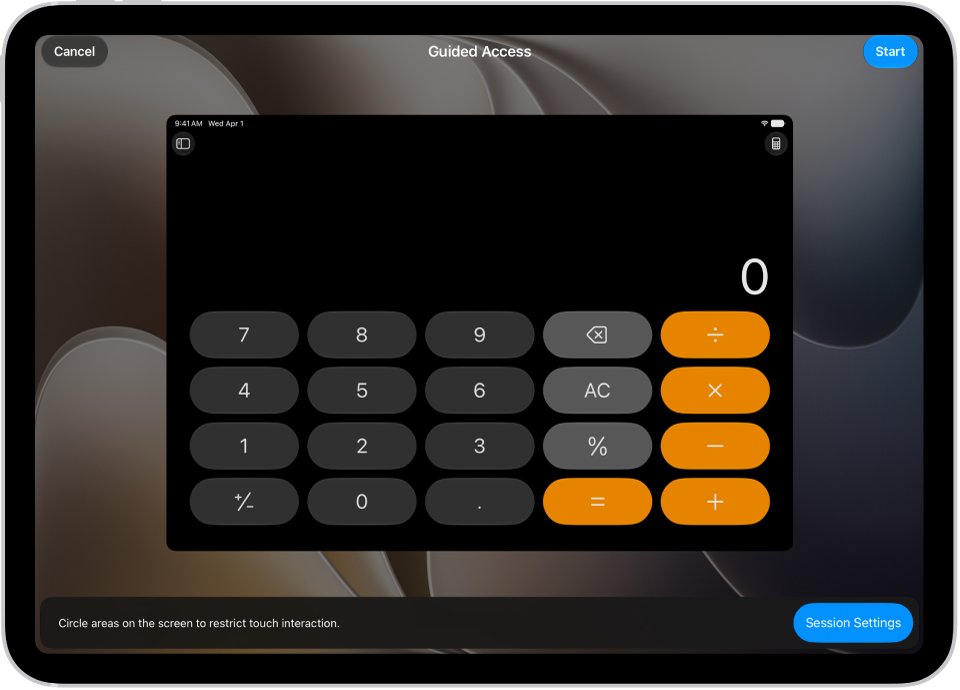 iPad Guided Access setup screen over a Calculator app with Start button