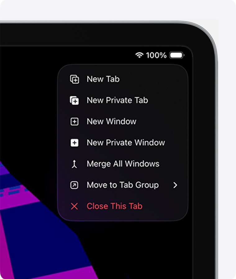 iPad Safari tab menu listing New Tab, New Private Tab and New Window