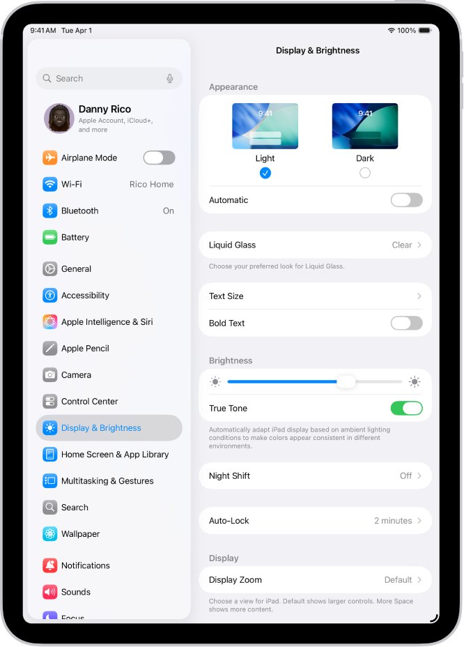 iPad display settings that soften Liquid Glass in Display & Brightness