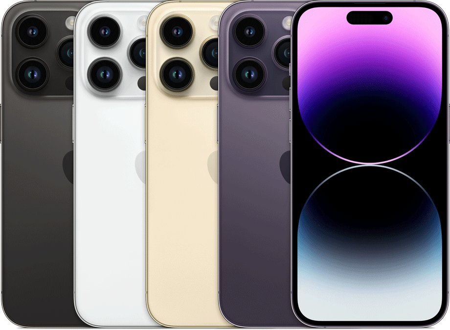 iPhone 14 Pro lineup in four finishes with triple rear cameras and Dynamic Island