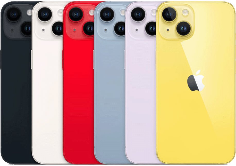 iPhone 14 in six finishes showing the two-camera rear layout