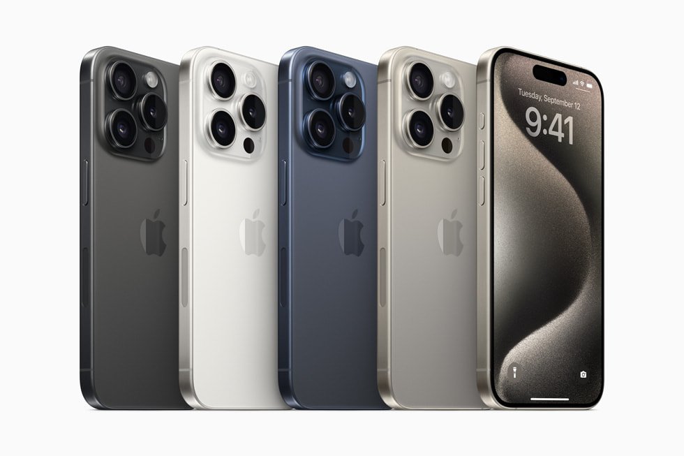 iPhone 15 Pro in black, white, blue and natural titanium finishes