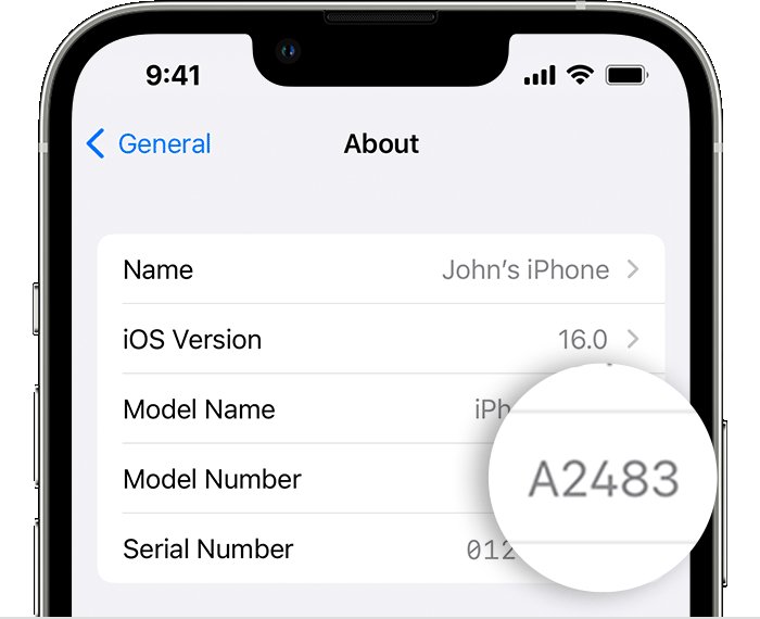 iPhone About screen in Settings with the Model Number row magnified