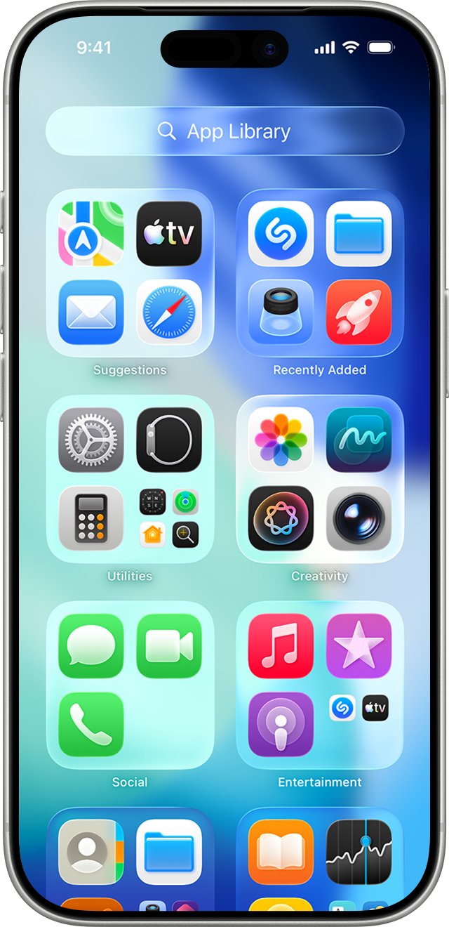 iPhone App Library with app folders and a search bar at the top